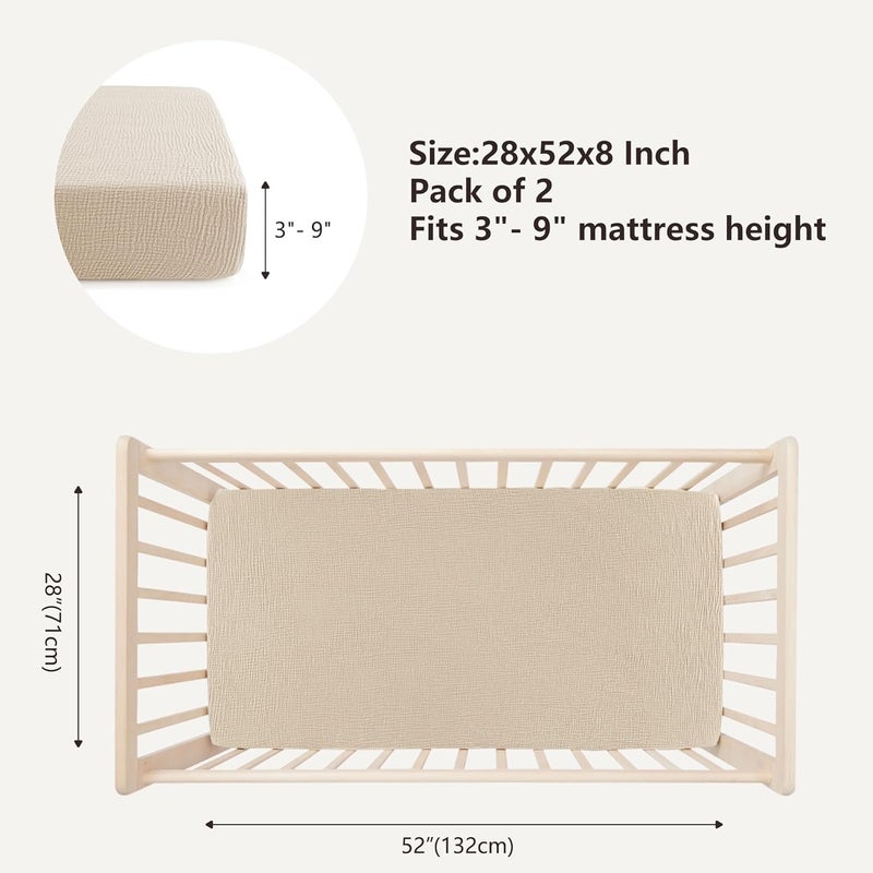 Bearmoss Muslin Crib Sheets 100% Cotton Baby Crib Sheets Fitted for Standard Crib Mattress & Toddler Bed Mattress 52"x28" Soft Breathable Crib Sheet Neutral for Boys Girls - 2 Pack (Oat Latte) - Image 3